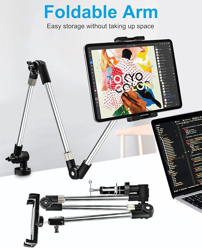 Tablet Holder for Desk Clamp 360° Phone iPad Mount, 35" Adjustable Arm Tablet Stand for Bed, Aluminum Flexible Webcam Camera Clip for iPad Pro 12.9 Air Mini, Tabs, Switch, iphone, 4.7-13" Device/Gopro