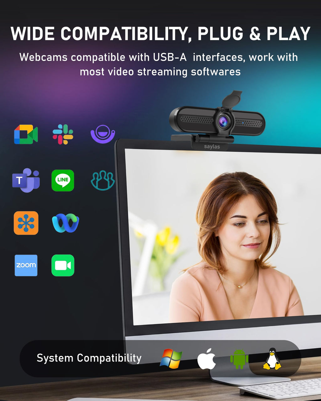 saylas 4K Webcam with Microphone, 78°FOV FHD PC Camera with 4K/2K/30fps, 1080P/60fps, Privacy Cover, USB Web Cam, Autofocus, External Webcam for PC, Computer Web Camera for Laptop, Mac, Zoom