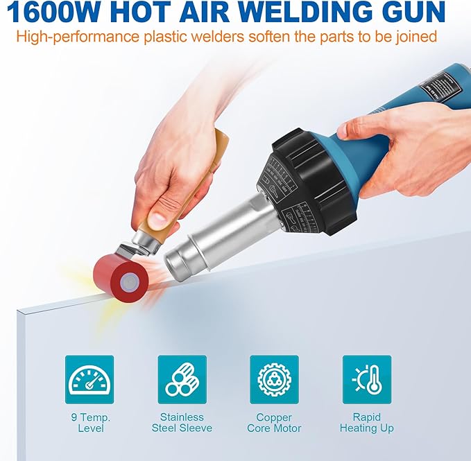 Iglobalbuy 1600W Hot Air Plastic Welder Roofing Welding Complete Kit, 110V Handheld Hot Air Vinyl PVC TPO Welding Heating Gun Torch w/Nozzles Set Adjustable Temperature Welder Tool Kit Carrying Case