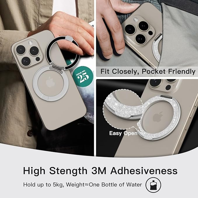 COOLQO Upgraded Magnetic Phone Ring Holder Stand, Super Magnet Cell Phone Grip Finger Kickstand Compatible with MagSafe Mag Safe Accessory for iPhone All Smartphones (1-Glitter Silver)