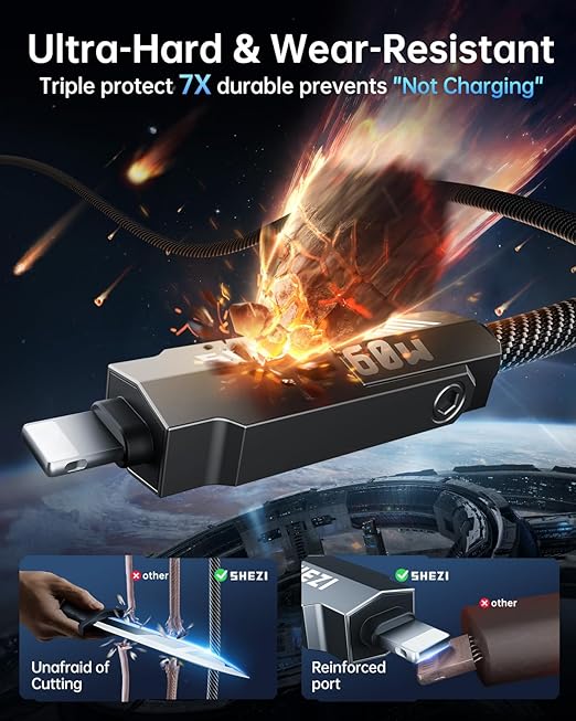 SHEZI Nylon Braided 4 in 1 USB C Cable 60W 3FT Compatible with Lightning Cable, Fast Charging for iPhone/iPad Charger Cord [480Mbps Data Sync],Multi Charging Cable with Type C/USB A, Grey