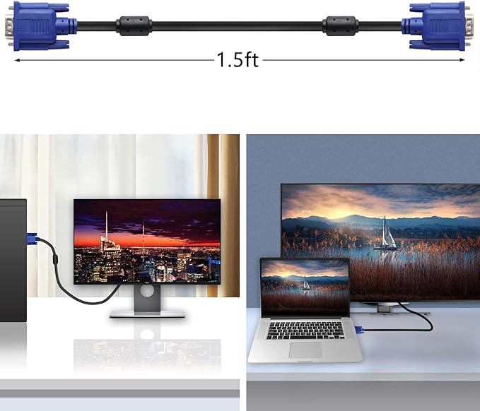 PASOW VGA to VGA Monitor Cable HD15 Male to Male for TV Computer Projector (1.5 Feet)