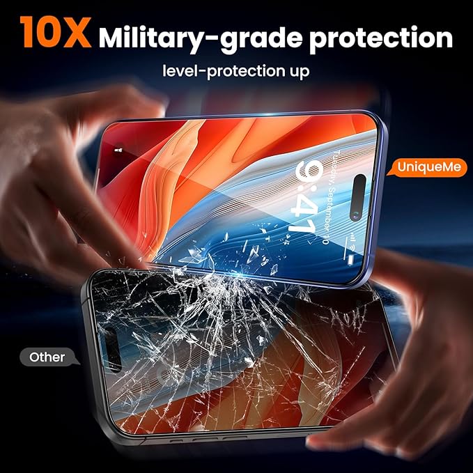 UniqueMe for iPhone 15 Plus / 16 Plus Screen Protector - [Military Grade Shatterproof & 9H+ Hardness] Tempered Glass Full Coverage Protection, Easy Installation, 2 Packs