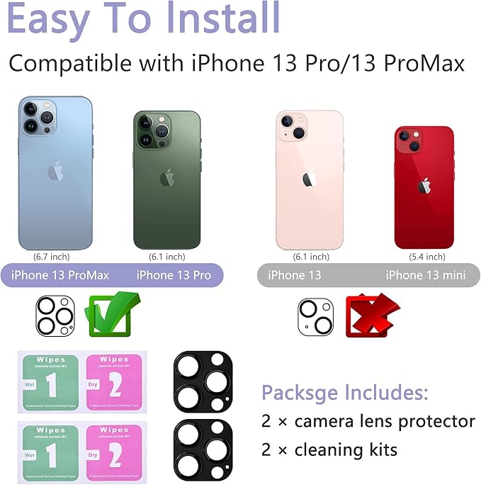 2 Pack Camera Lens Protector for iPhone 13 Pro/iPhone 13 Pro Max,[Not Easy to Breakn ] AR Tempered Glass Strong Adsorption Metal Camera Cover Screen-black