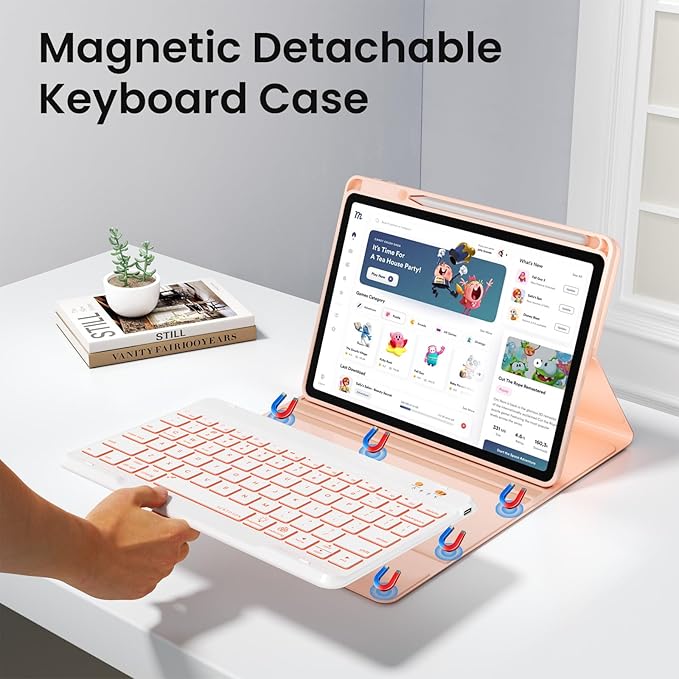 BLUTLOTUS for iPad 11th A16 10th Generation Case with Keyboard - 7 Colors Backlit Wireless Detachable Folio Keyboard Cover with Pencil Holder for iPad 11'' A16 2025 10th Gen 10.9 Inch 2022 (Pink)
