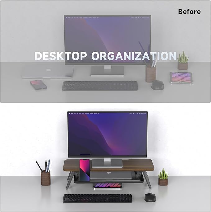 Fenge Monitor Stand Riser, Wooden Desk Shelf with 2-Tier Storage