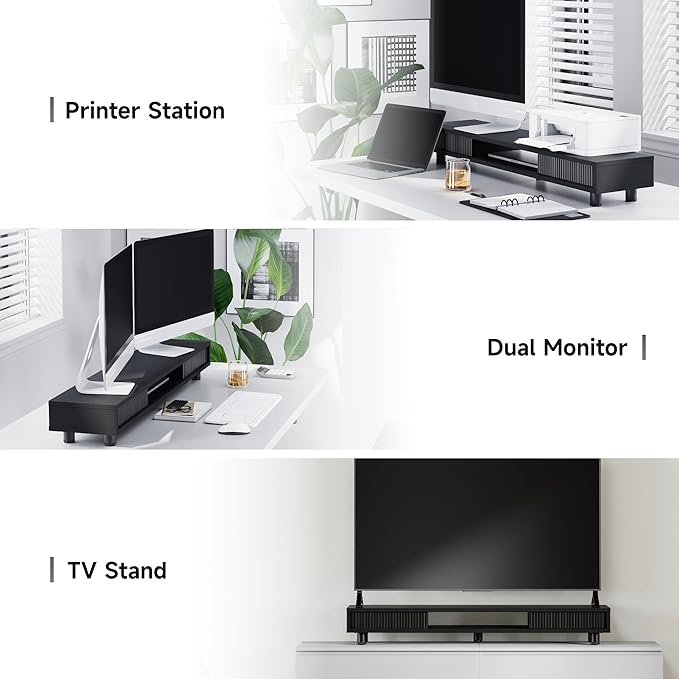 Fenge Dual Monitor Stand with Storage, Desk Shelf with Glass Sliding Door