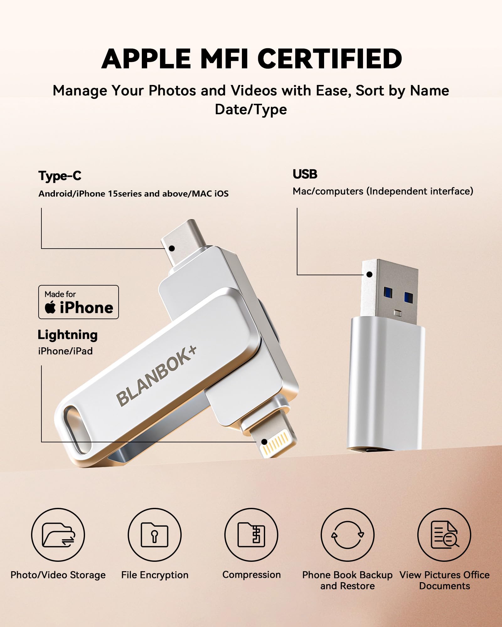 MFi Certified 512GB Flash Drive for iPhone Photo Stick, USB Thumb Drive Memory Stick High Speed USB Drive Photo Storage for iPhone Compatible for iPhone/iPad/Android/PC