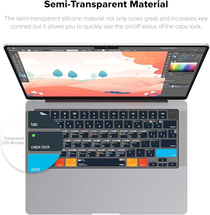 JCPal Adobe Illustrator Shortcut Guide Keyboard Cover for Apple MacBook Pro 14 inch and MacBook Pro 16 inch (M1-M4 Models) and MacBook Air 13 inch and MacBook Air 15 inch (M2-M4 Models) (US-Layout)