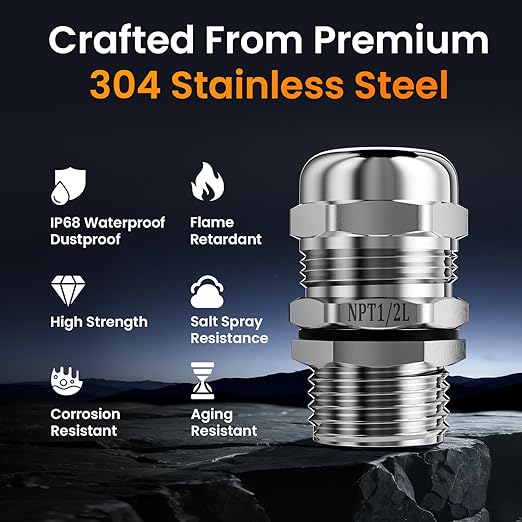 QILIPSU 10pcs 1/2" NPT 304 Stainless Steel Cable Gland Long Thread Waterproof IP68 Metal Strain Relief Cord Grip Cable Pass Through Wire Connector