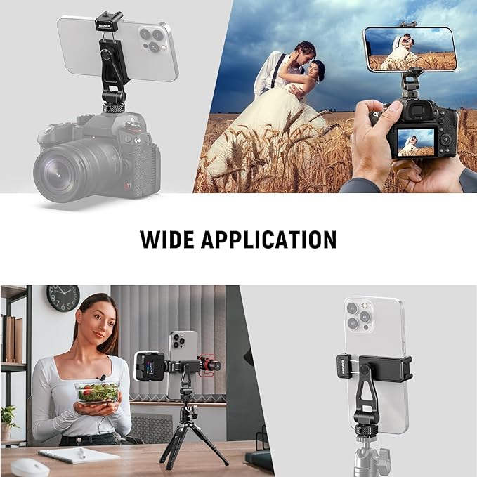 Neewer Metal Phone Tripod Mount with Cold Shoes, 1/4" Thread, 180° Tilt, 360° Rotation, Adjustable Phone Clamp Metal Phone Holder Compatible with iPhone 16 15 Pro Max S24 Ultra Camera Cage, GA010