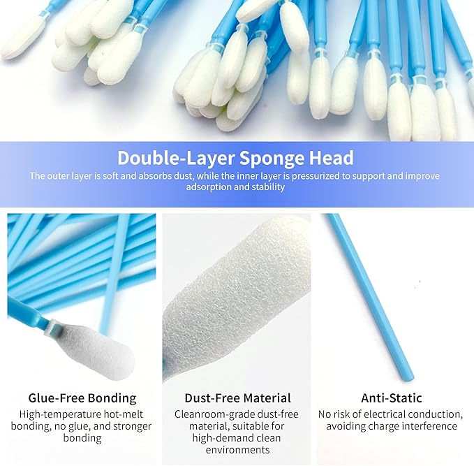 100 Pcs Solvent Resistant Professional Lint Free Swabs, 6.37" Long Handle Foam Swabs for Electronics, Camera Sensors, Printers, Optical Lenses