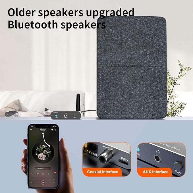 Bluetooth 5.2 Wireless Audio Transmitter Receiver Adapter for Home Stereo, Speakers and Headphones, Support Aux, Coxial and Optical Outputs