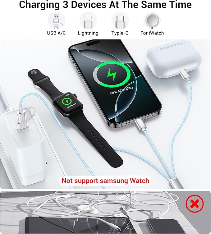 Temdan for Travel Vacation Essentials,3 in 2 USB C Cable for Apple Watch Charger/iPhone 16 Charger/Lightning,Multi Charging Cable Cord,Camping Essentials,Designed for iWatch &iPhone 16-12-5FT Blue