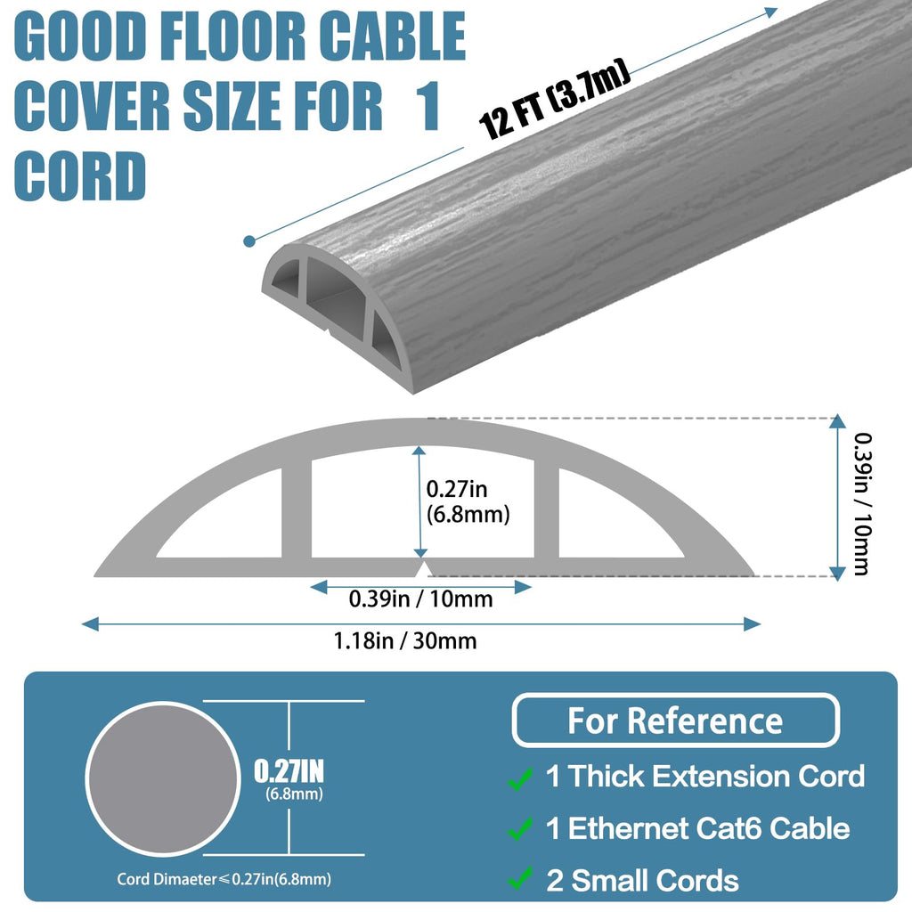 Floor Cord Covers for Wires 12FT Cable Hider Wire Cover Self Adhesive Cord Hider Floor for Offices, Homes, Workshops, Warehouses Cable Cavity 0.39" W x 0.27" H