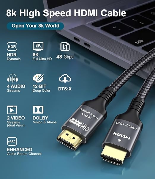 Certified 10K 8K HDMI 2.1 Cable 6.6 FT, 48Gbps Ultra High Speed HDMI Cable with Ethernet 4K 240Hz 165Hz 144Hz 120Hz 8K60Hz eARC HDCP2.3 HDR10+ PC Laptop TV Monitor Projector