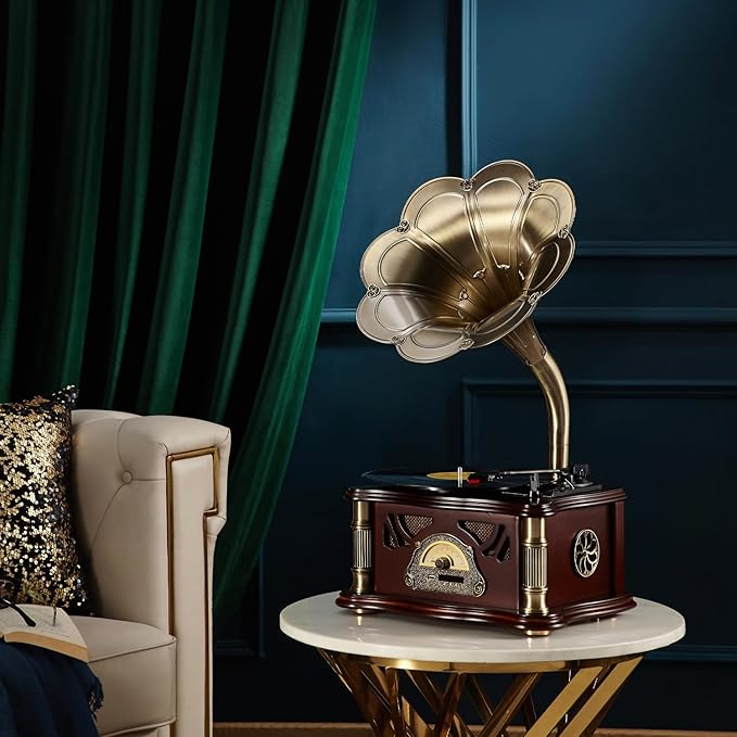 Vintage Gramophone with Bluetooth Output Vintage Record Players Retro Gramophone Turntables for 7" 9" 12" Vinyl Records 3 Speed, Hi-Fi, Handcrafted by Pure Oak (Dark Green)