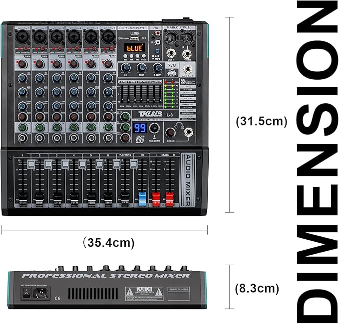 Audio Mixer, TKLBLS Professional 8 Channel DJ Mixer Board with 99-Bit DSP, Sound Board Mixing Console 7-Band EQ Output, USB Audio Interface, Bluetooth 48V Phantom Power For Karaoke Studio Streaming