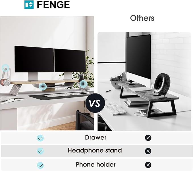 Fenge Dual Monitor Stand, Wooden Desk Shelf with Headphone & Phone Holder