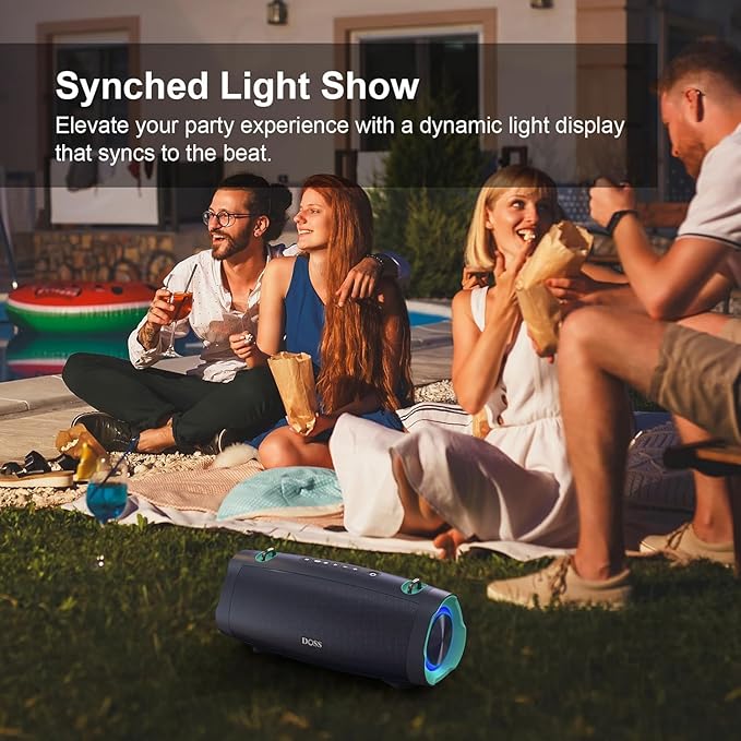 DOSS Extreme Boom Pro D100 Bluetooth Speaker with 140W Peak, 70W Bold Sound, Extra Bass, 24H Playtime, Beat-Sync Lights, Built-in Power Bank, IPX6 Waterproof, Portable Strap for Outdoor, Camping-Black