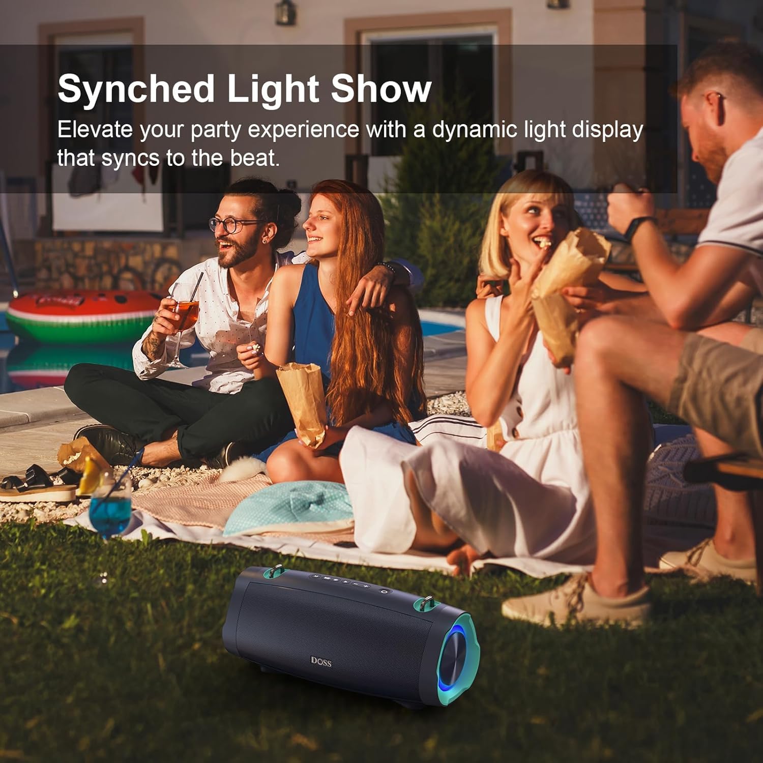 DOSS Extreme Boom Pro D100, 70W Bluetooth Speaker with Deep Bass, IPX6 Waterproof, 10400mAh 24H Battery, Built-in Power Bank, TWS Stereo Pairing & Beat-Sync Lights for Outdoor Camping Party – Black