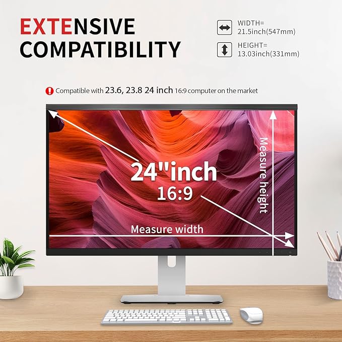 Magnetic 24 Inch Computer Privacy Screen Filter, Aluminum Alloy Hanging Privacy Screen for Computer Monitor for 16:9 Monitor Removable Anti Blue Light Eye Protection