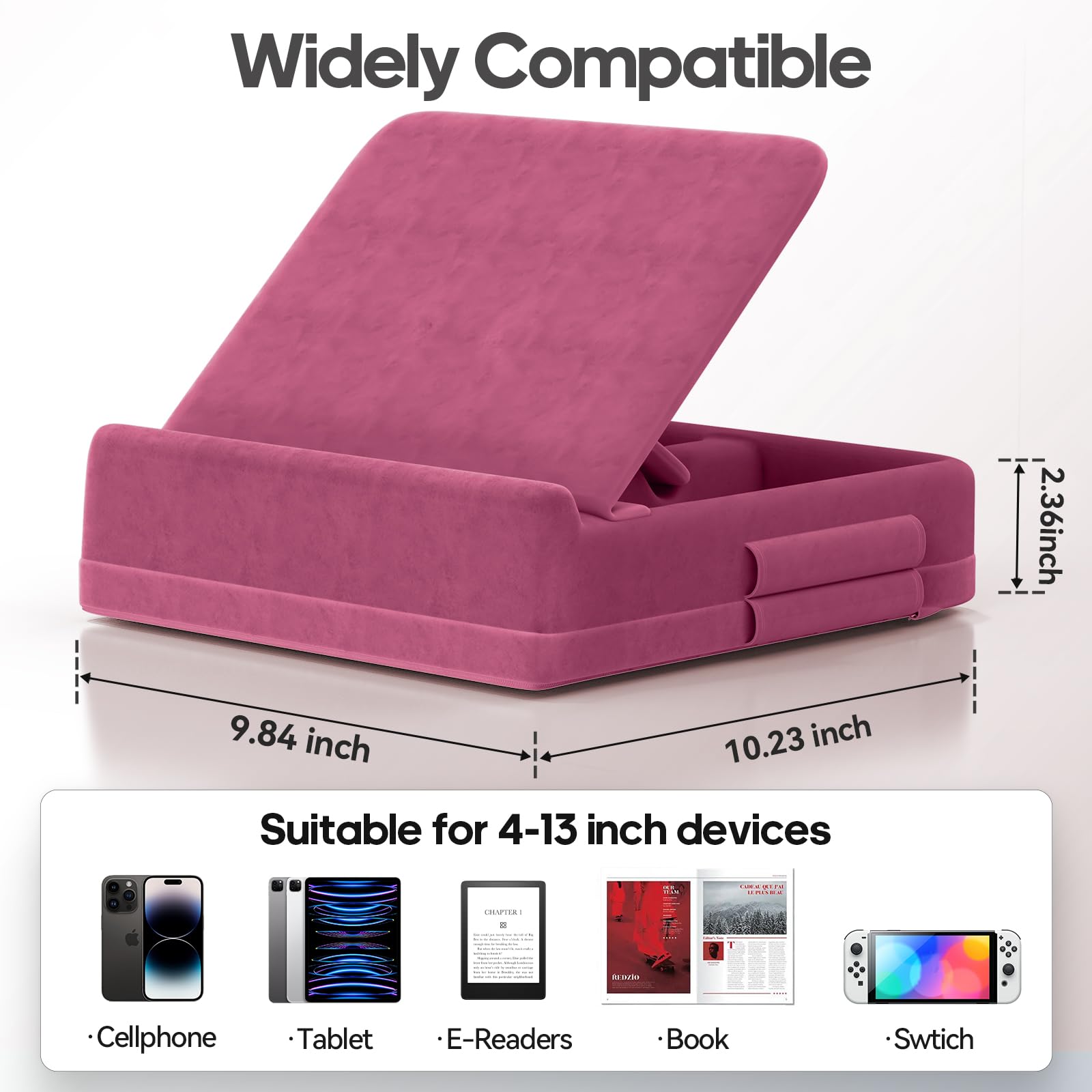 KDD Tablet Pillow Stand with Storage, Foldable iPad Holder for Lap, Desk and Bed, Angle Adjustable Soft Pad Dock with Stylus Mount Compatible with iPad Pro, Air, mini, Book, Phone and Tablet (4-13")