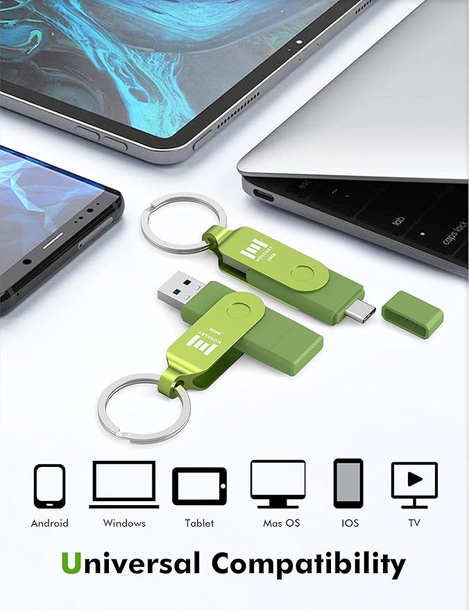 MOSDART 64GB USB3.1 Fast Speed C and A Dual Flash Drive, exFAT Memory Stick with Keychain and LED Indicator, for iPhone 15 and 16, Android Phone, iPad, MacBook, and Other Laptops, Green