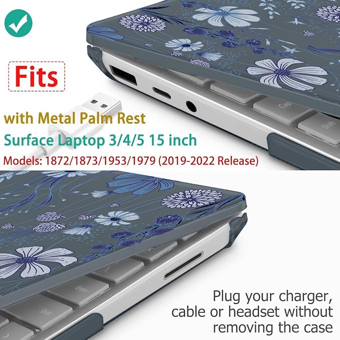 Tuiklol Case for 15 Inch Microsoft Surface Laptop 5/4/3 2022-2020, Model 1979/1953/1872/1873 Hard Shell Cover, Keyboard Cover+Screen Protector+Dust Plugs,Blue Line Floral