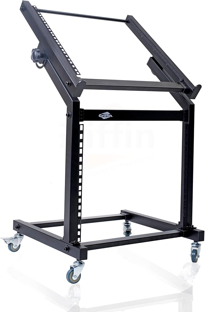 GRIFFIN 19U Rack Mount Rolling Stand (StudioZ PROSteel Series) & Adjustable Mixer Platform Rails – Cart Holder for Audio Music Recording Cabinet – Stage Equipment DJ Gear Storage Case for Amplifier