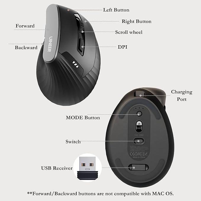 Vertical Mouse Wireless,Bluetooth Mouse with BT5.0/4.0/2.4G, Rechargeable with Battery Indicator,Ergonomic Design for Comfort and Reduced Wrist Strain, Ideal for Home,Office Use,Black