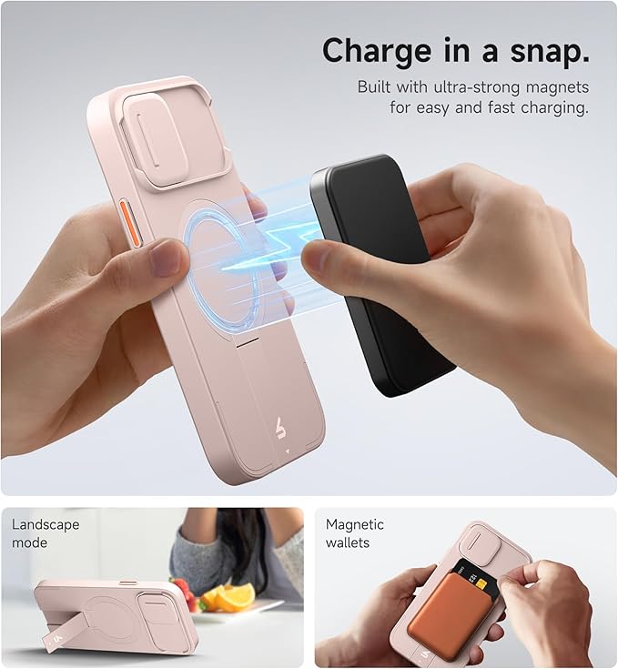 SURITCH for iPhone 12/12 Pro Case with Magnetic Camera Slide Cover and Adjustable Kickstand, Compatible with MagSafe, Shockproof Bumper Case Slim Protective Cover for iPhone 12/12 Pro 6.1 Inch, Pink