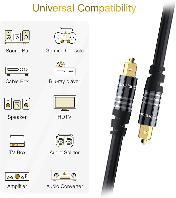 BlueRigger Digital Optical Audio Toslink Cable (1.5FT, Fiber Optic, Aluminum Shell, 24K Gold-Plated) - Compatible with Home Theatre, Sound Bar, TV, Xbox, PlayStation PS4 – Premium Series