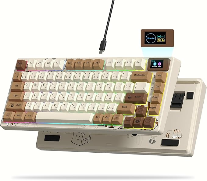 Womier SK80 Retro 75% Keyboard with Color Multimedia Display Mechanical Gaming Keyboard, Hot Swappable Gasket Mount RGB Custom Key Board, Pre-lubed Stabilizer for Mac/Win,Coffee Cat