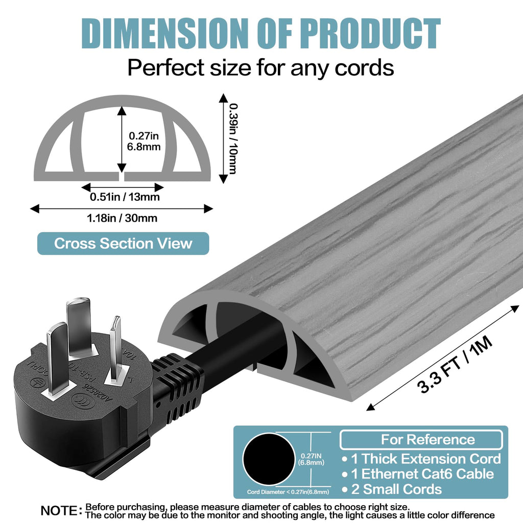 Floor Cord Cover Self Adhesive Cord Hider,3.3FT Cable Management, Extension Strip Protector for Wires, Prevent Cable Trips for Offices, Gyms, Exhibitions Cavity:0.39"(W) x 0.27"(H) Gray Wood