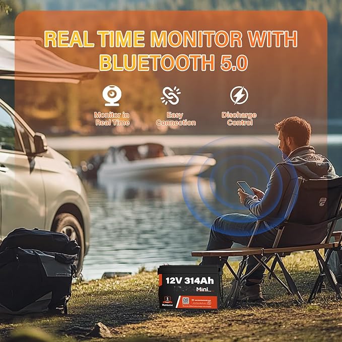 Bluetooth 12V 314Ah LiFePO4 Lithium Battery MINI, Max. 4190Wh Energy, EV A+ Cells, Built-in 100A BMS, 15000 Deep Cycles Battery with Low-Temp Protection for RVs, Solar System, Off-Grid
