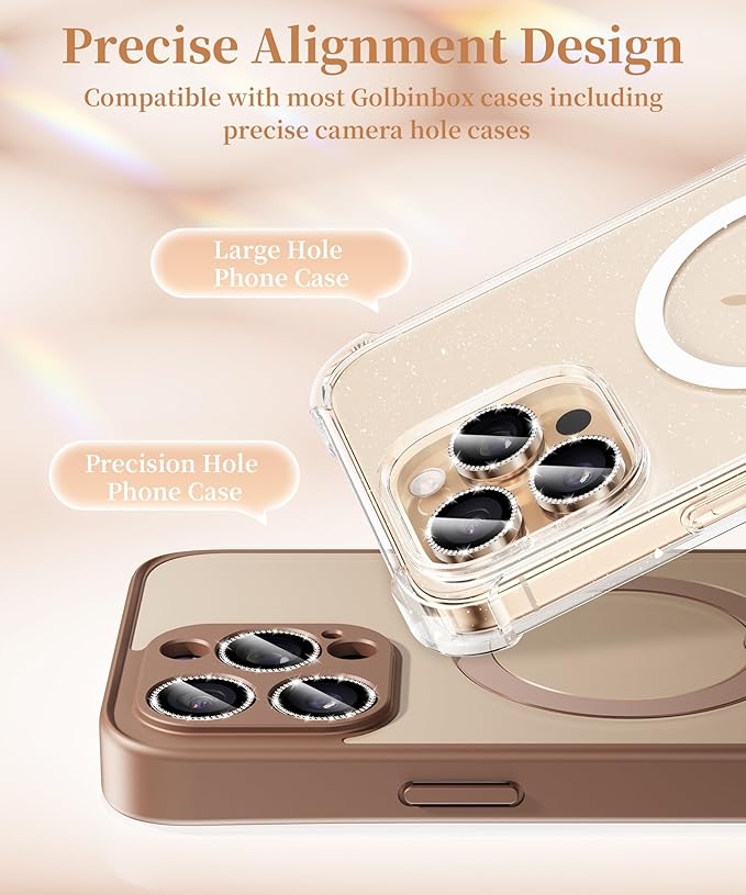GolbinBox Camera Lens Protector for iPhone 16 Pro Max/16 Pro, 1:1 Invisible Fit, 9H Tempered Glass Ultra HD Metal Individual Camera Cover Screen Protectors for Women, Case Friendly, Bling/Desert Gold