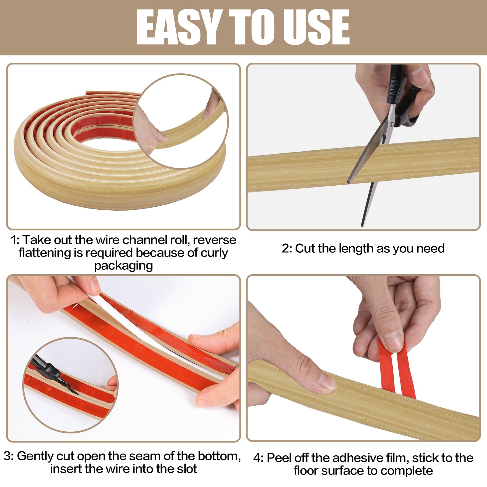 Floor Cord Cover Cavity 0.8"x0.37" Self Adhesive Cord Hider, 3.3FT Low Profile Cable Management, Extension Strip Protector for Wires, Prevent Cable Trips for Offices, Gyms (Wood Light Yellow)