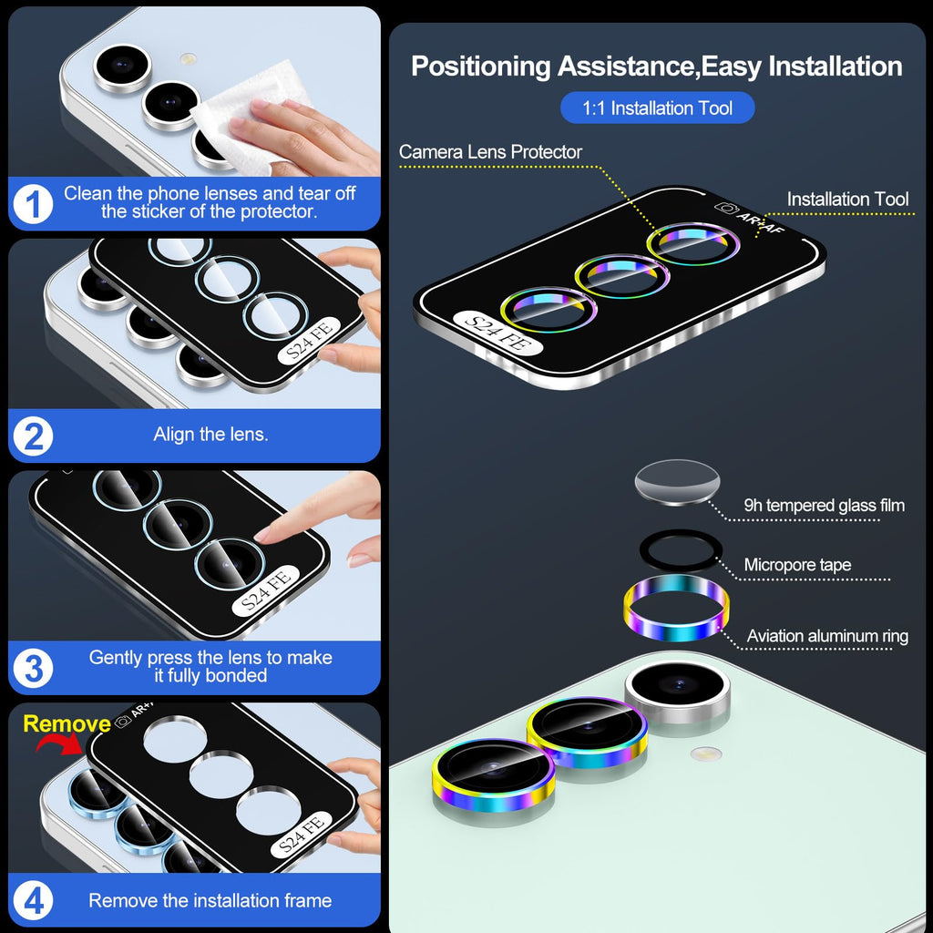 Avocase for Samsung Galaxy S24 FE Camera Lens Protector, Individual Metal Ring Tempered Glass Lens Cover, [Strong Adsorption] Scratch Resistant Ultra-Thin HD Clear Lens Cover, 1 Set-Colorful Ring