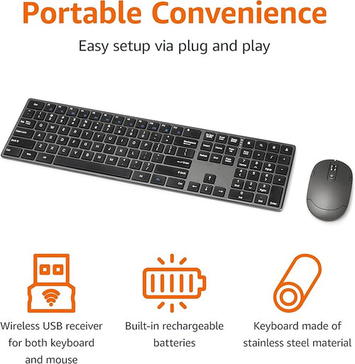 Amazon Basics Ultra Premium Wireless Keyboard and Mouse Combo, Rechargeable, Full-Size with Number Pad, Sleek Design, Plug and Play, Quiet Typing, 2.4GHz USB Receiver, Black