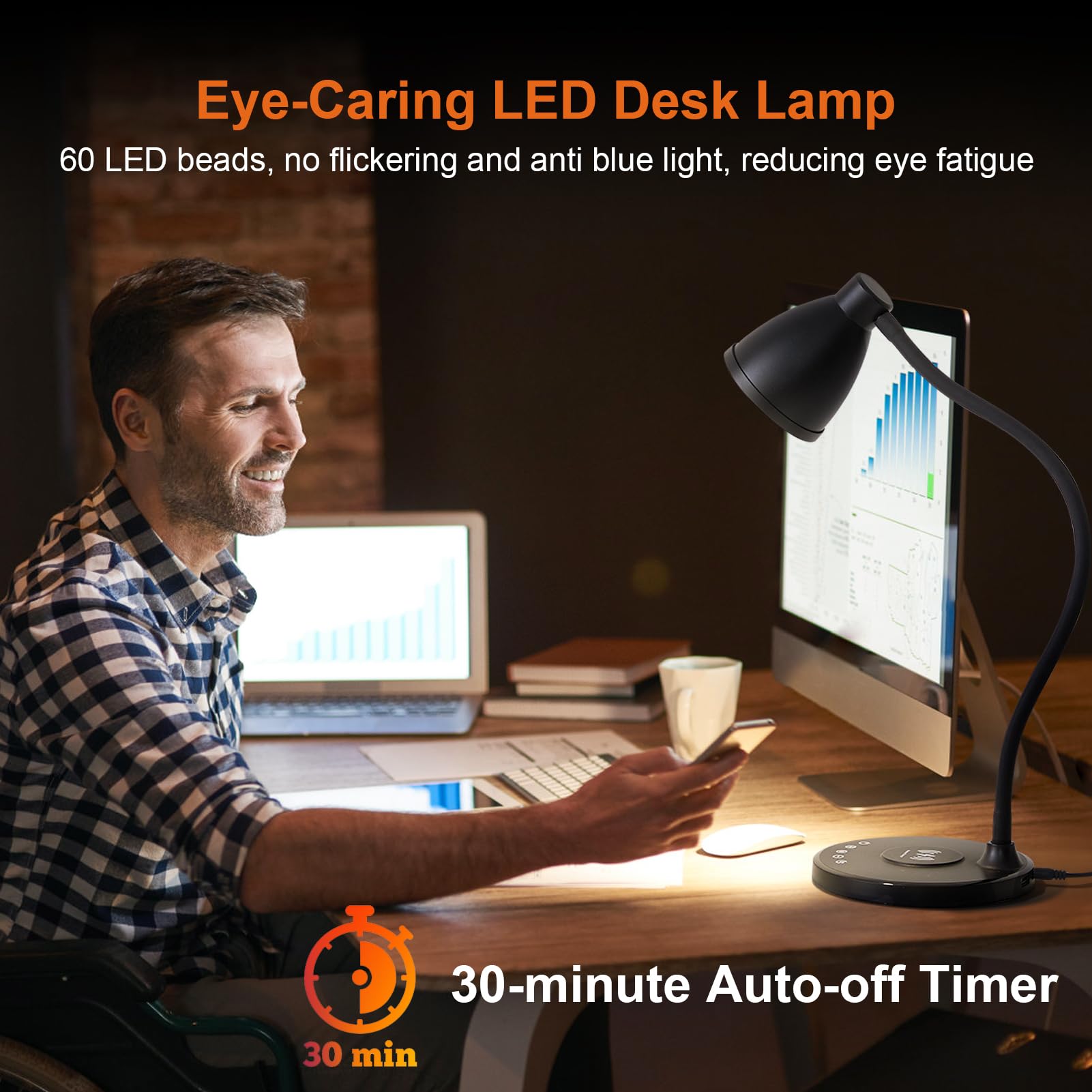 BOHON Desk Lamp for Home Office with USB C+A Charging Ports Timer Black