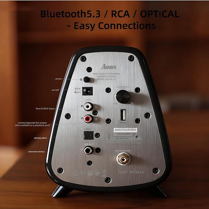 AS31 Active Bookshelf Speakers – 80W RMS 2-Way Stereo / 3″ Long-Stroke Woofer & 20 mm Silk Dome Tweeter – Bluetooth 5.3, RCA + Optical Inputs, Sub-Out & Remote Control – Wooden（Black）