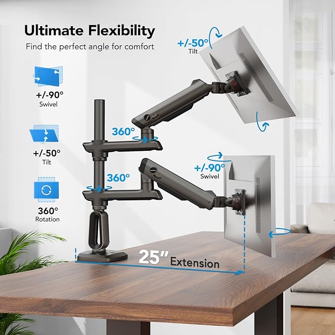 HUANUO Dual Monitor Arm for 13-49" Ultrawide Screens up to 40 lbs, Heavy Duty Aluminum Extra Tall Monitor Desk Mount, Vertical Stacked Fully Adjustable Dual Monitor Mount, Max VESA 100x100