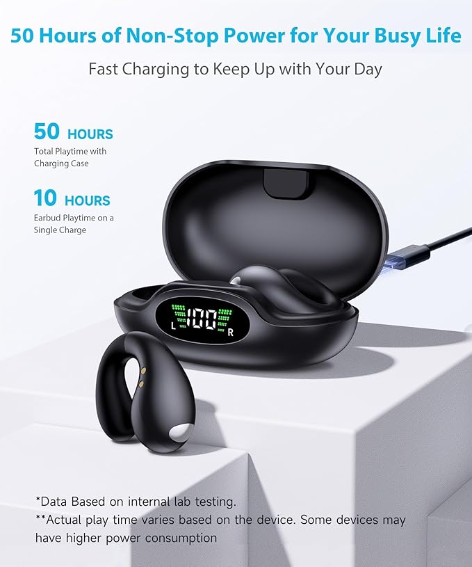 Ultra Open Ear Earbuds - Ergonomic Clip-On Earbuds, Bone Conduction Over-The-Ear Headphones with Waterproof Design and Secure Fit for Small Ears, Obsidian Black