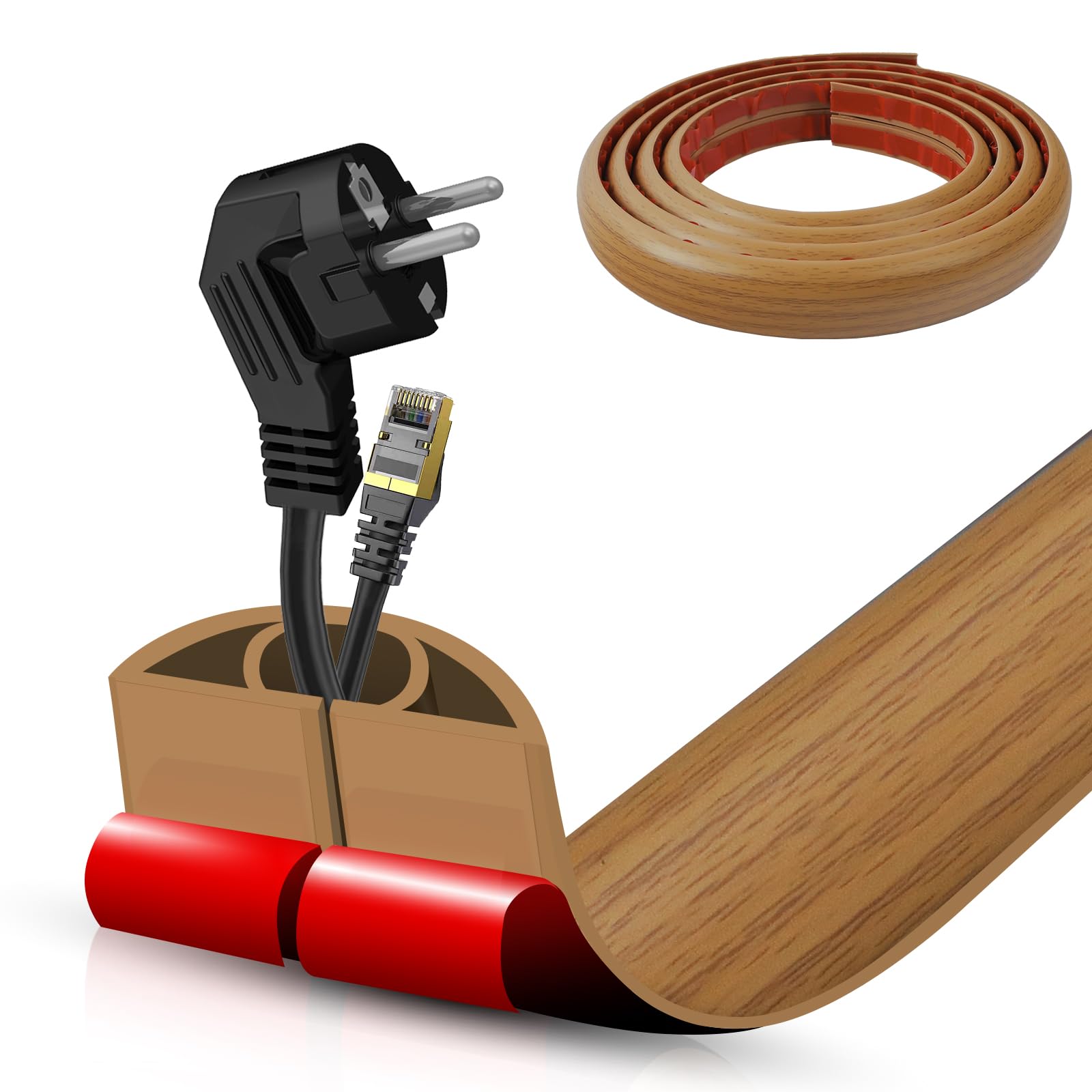 Floor Cord Cover Self Adhesive Cord Hider,20FT Cable Management, Extension Strip Protector for Wires, Prevent Cable Trips for Offices, Gyms, Exhibitions Cavity:0.51"(W) x 0.3"(H) Brown Wood