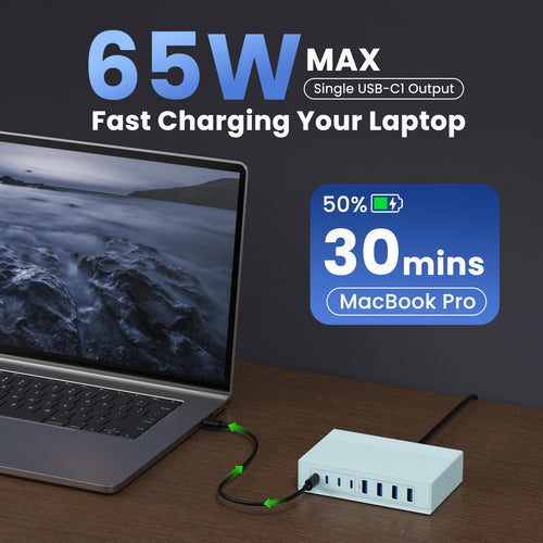 200W USB C Charger Block, 8-in-1 GaN III USB C Fast Charging Station Hub, PD 65W Laptop Charger Adapter Travel Charger, for MacBook Pro/Air/Dell XPS/iPhone 16/15/14/iPad/Galaxy S24-Light Blue