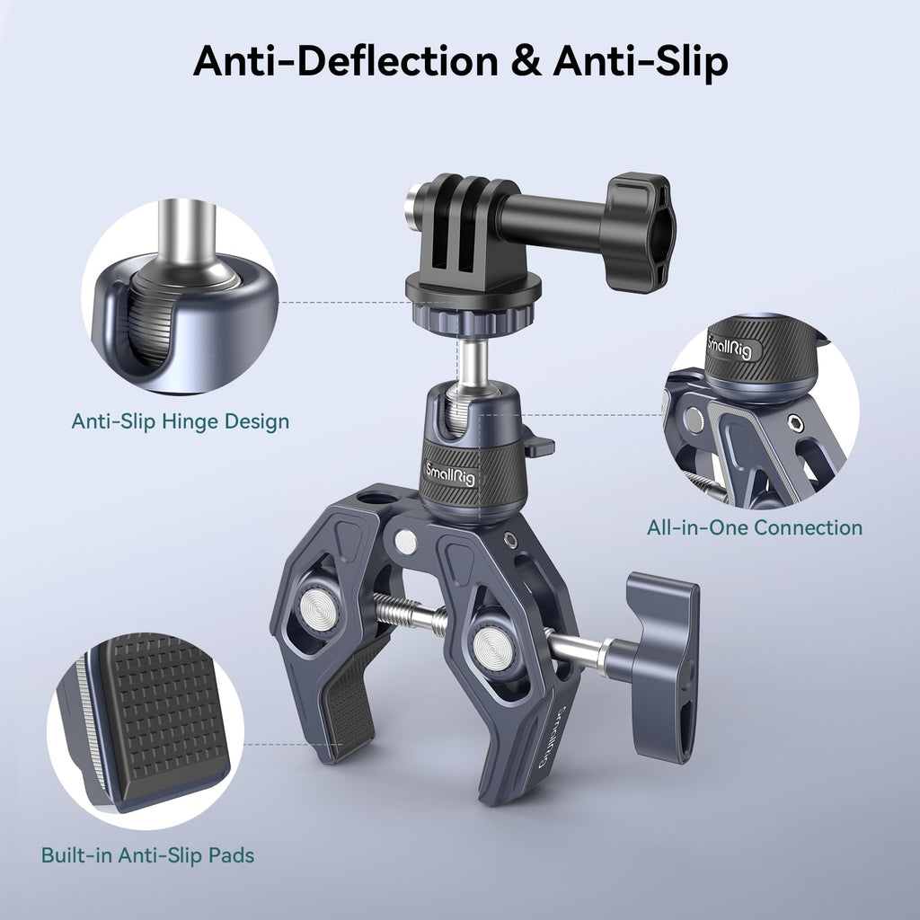SMALLRIG Camera Mount Clamp, Gopro Motorcycle and Bike Handlebar Mount Kit, Super Clamp for DSLR, Action Camera, Gopro, Insta360, LED Light, Monitor, Max Load 3.5KG