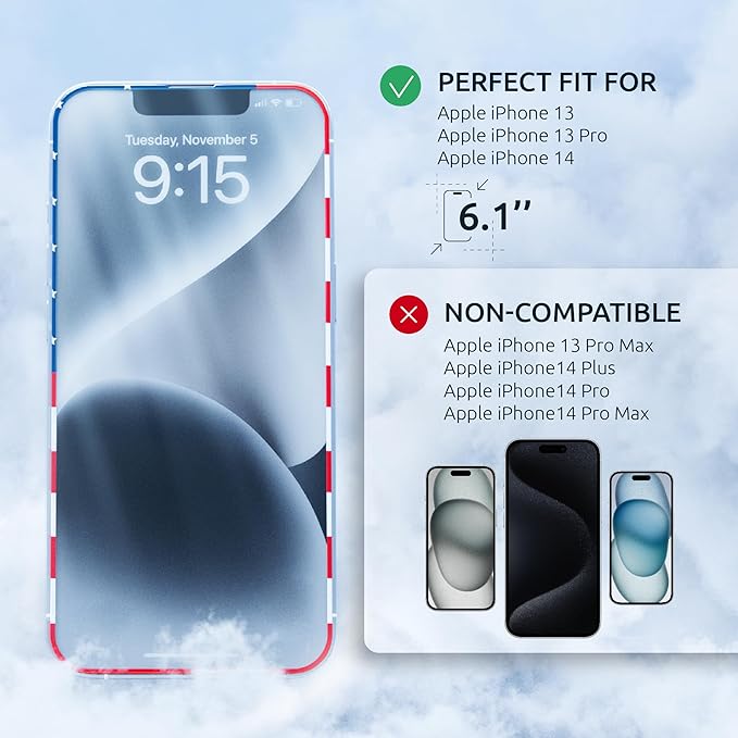 Screen Protector for iPhone 16e/14/13Pro/13-2 Pack (USA Flag Design and Black) - 9H Hardness, Oleophobic Coating, Easy Installation - Tempered Glass Screen Protector for iPhone 14