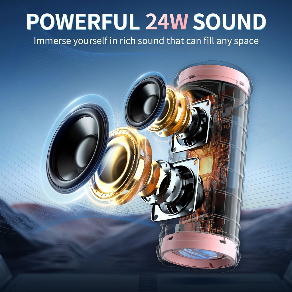 OHAYO Portable Bluetooth Speaker IPX7 Waterproof, 24W Wireless Stereo Speaker with Extra Bass, Bluetooth 5.3, 30-Hour Playtime & Colorful LED Lights for Pool, Camping, Beach, Party (Black)