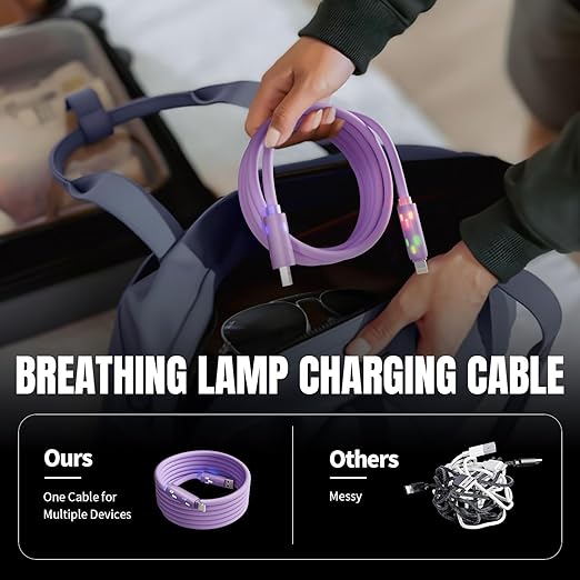 USB C Cable,240W 4 in 1 Charging Cable 4FT,Charging Cable Fast Charging & Data Sync,Multi USB Cable with Breathing Light,Charger Cord for iPhone 16/15 14 Samsung MacBook iPad Tablets,Purple